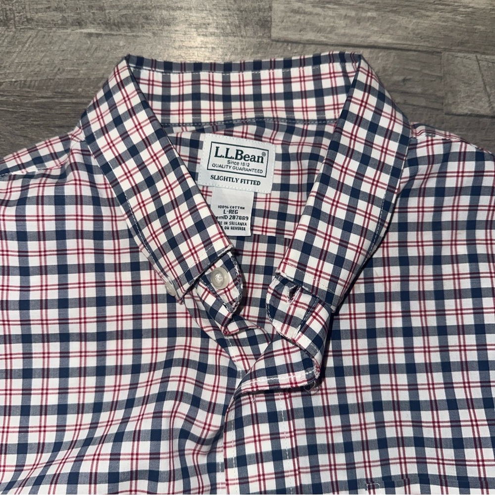 L.L. Bean Men's White, Red, and Blue Checkered Shirt